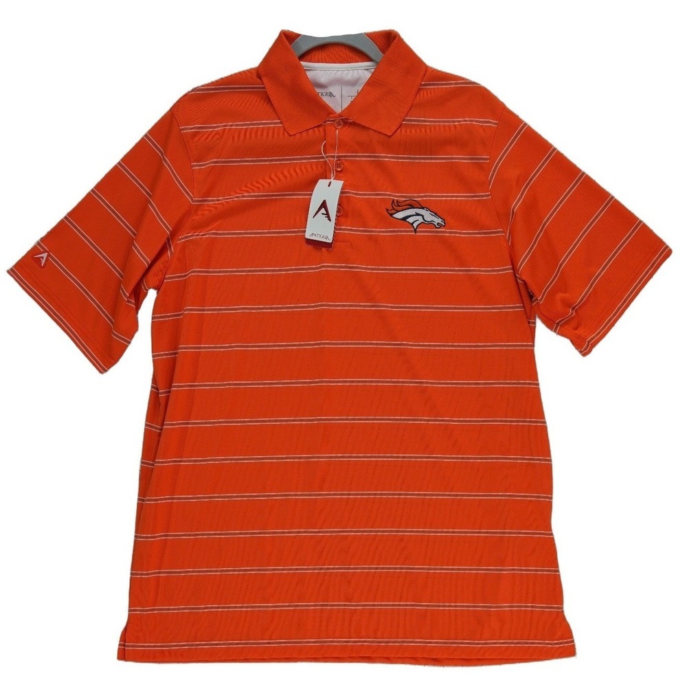 NWT Antigua Denver Broncos Polo Shirt Men's Size Large Orange Striped NFL